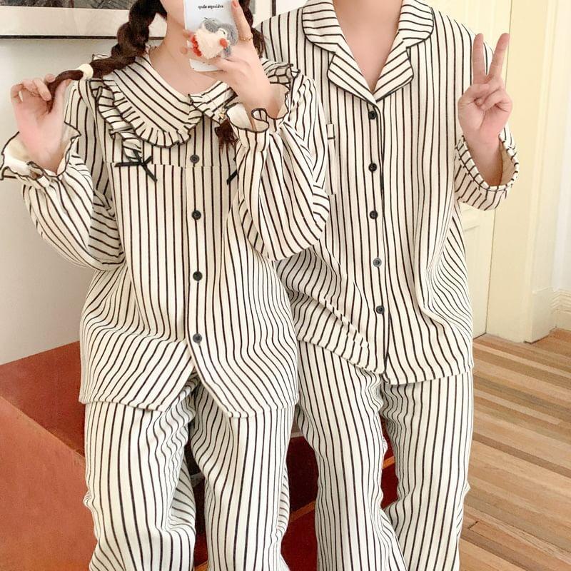 Couple Matching Pajama Set: Long-Sleeve Striped Button-Up Top + Pants (Various Designs) Product Image