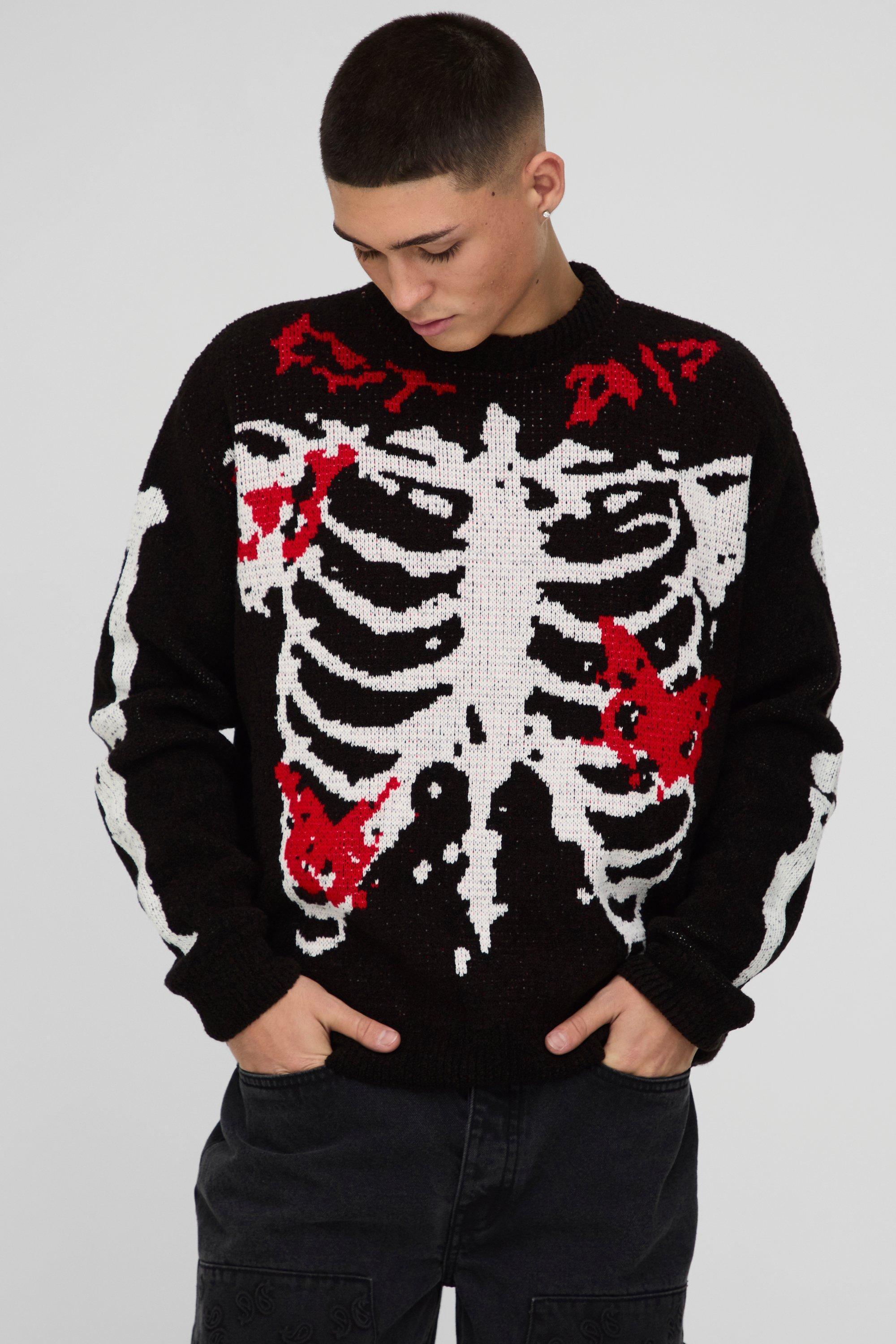 Oversized Boxy Official Skeleton Boucle Knitted Sweater | boohooMAN USA Product Image