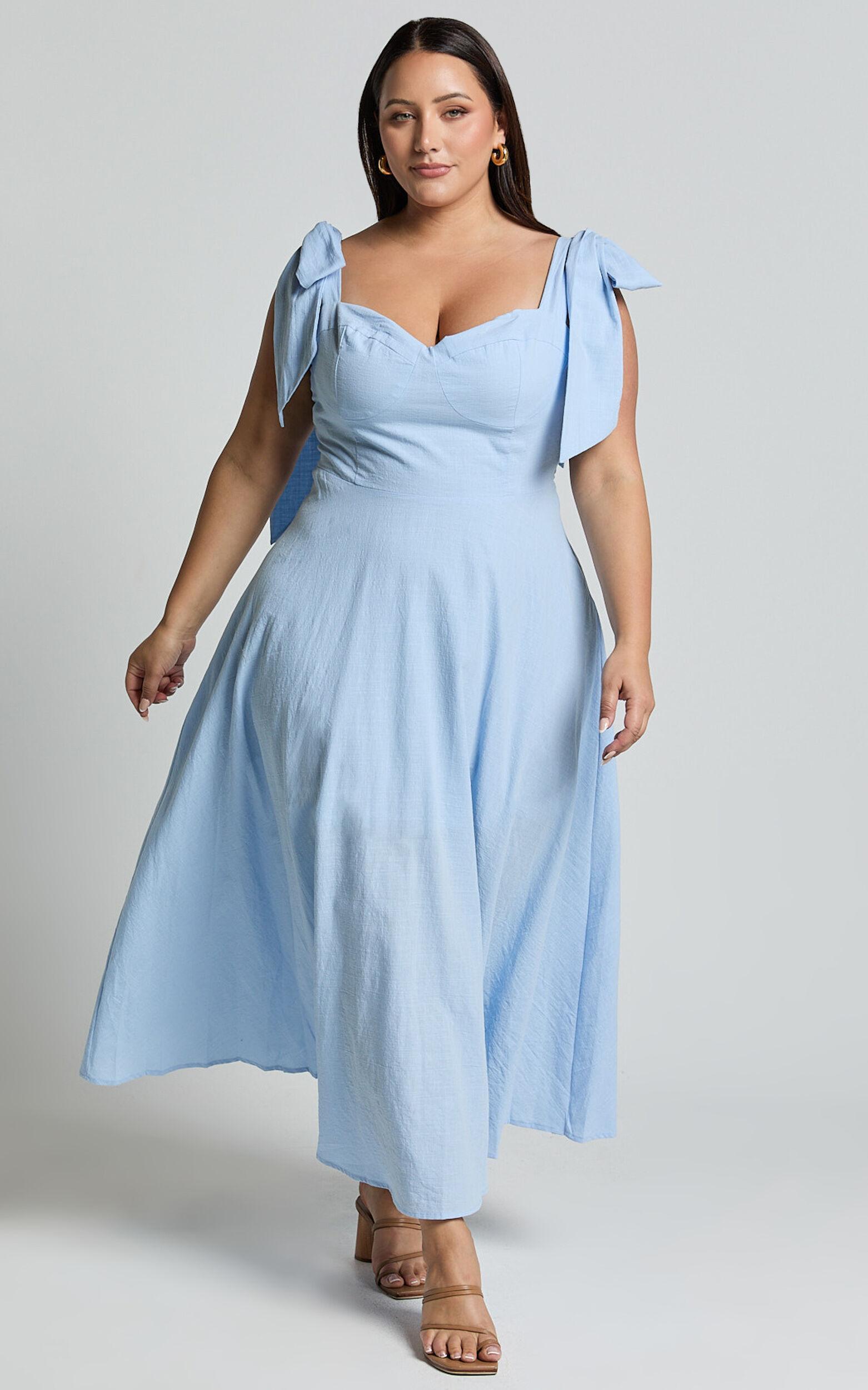 Tymia Midi Dress - Shoulder Tie Bustier Shirred Back A Line in Pastel Blue Product Image