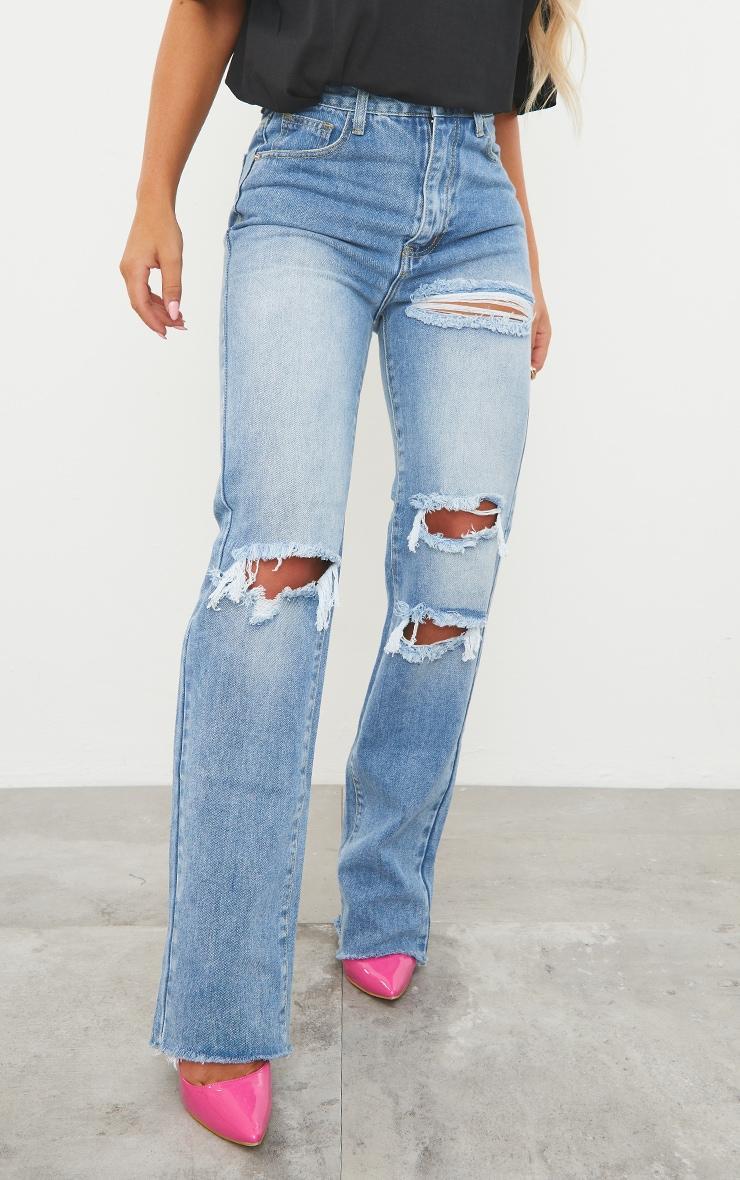 PRETTYLITTLETHING Mid Blue Wash Ripped Long Leg Straight Jeans Product Image