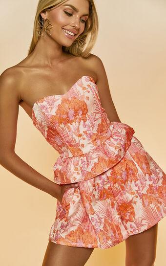 Hailey Top - Jacquard Strapless Peplum Top in Pink & Orange Product Image