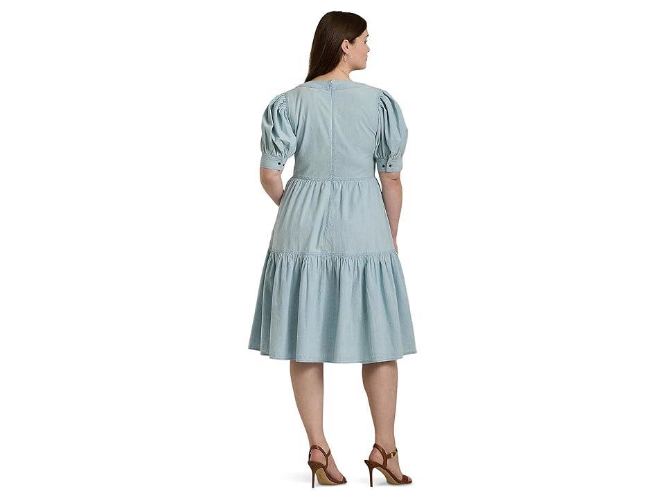 Lauren Ralph Lauren Plus-Size Chambray Puff-Sleeve Dress (Medium Chambray Wash) Women's Dress Product Image