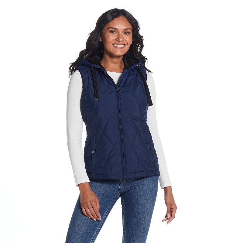 Womens Weathercast Hood Plush Lined Quilted Vest Blue Product Image