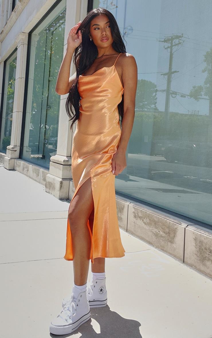 Orange Satin Maxi Split Dress Product Image