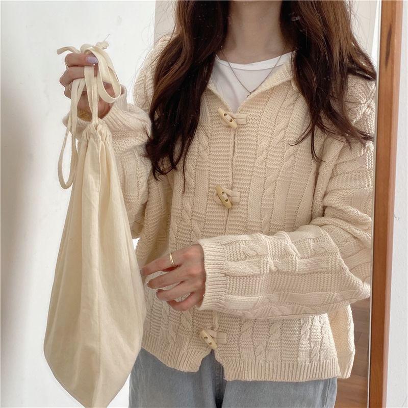 Sailor Collar Plain Cable Knit Toggle Cardigan Product Image