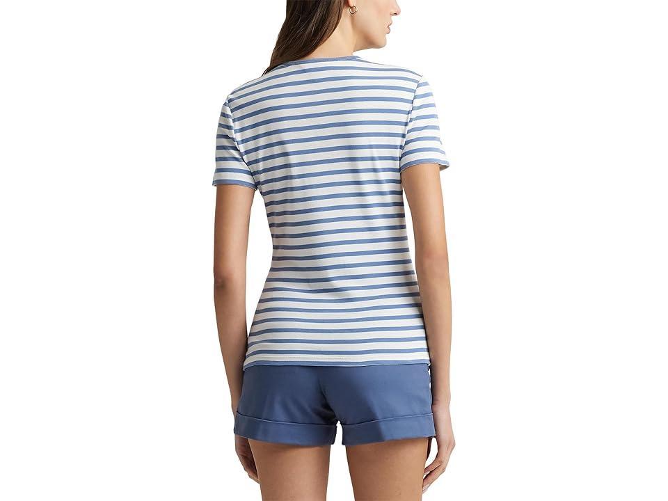 Lauren Ralph Lauren Striped Stretch Cotton Crew Neck Tee Pale Azure) Women's Clothing Product Image