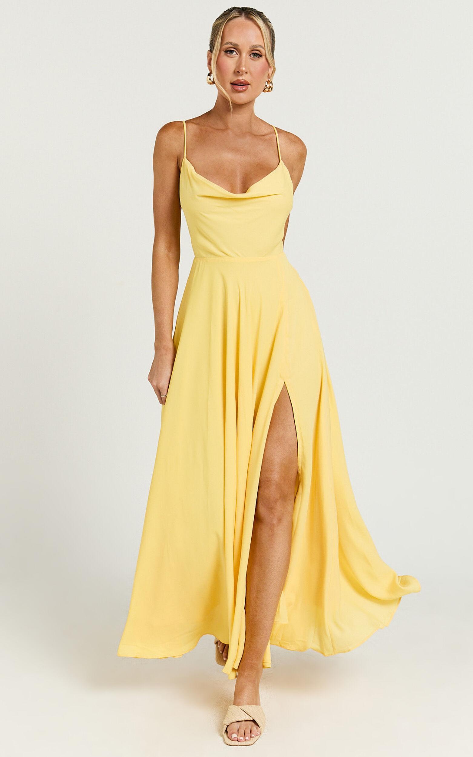 Celestine Midi Dress - Lace Up Back Cowl Neck Dress in Lemon Product Image