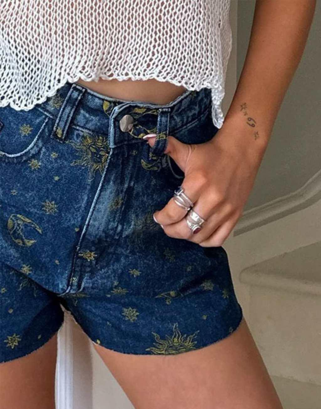 Daisy Street X Chloe Davie high waist mom shorts in denim moon print Product Image