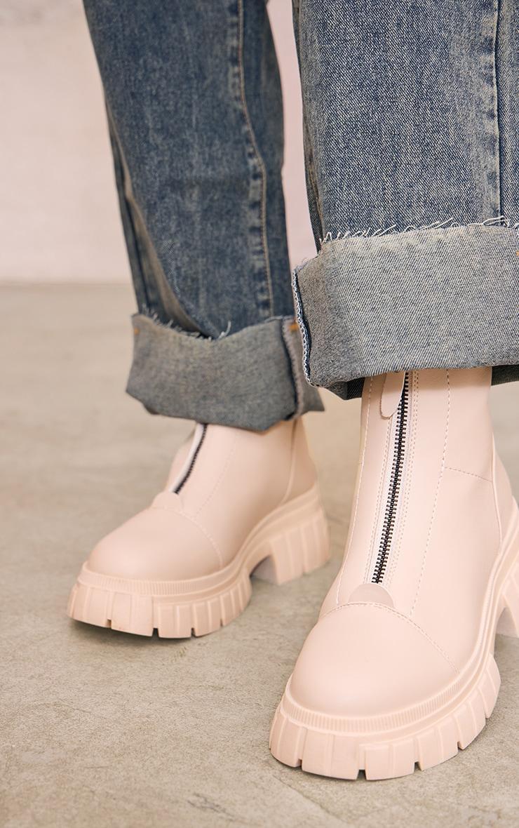 Cream Ribbed Chunky Sole Zip Up Ankle Boots Product Image