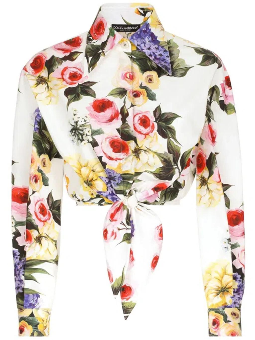 DOLCE & GABBANA Floral Print Cropped Poplin Shirt With Front Tie In Giardino Bianco product image