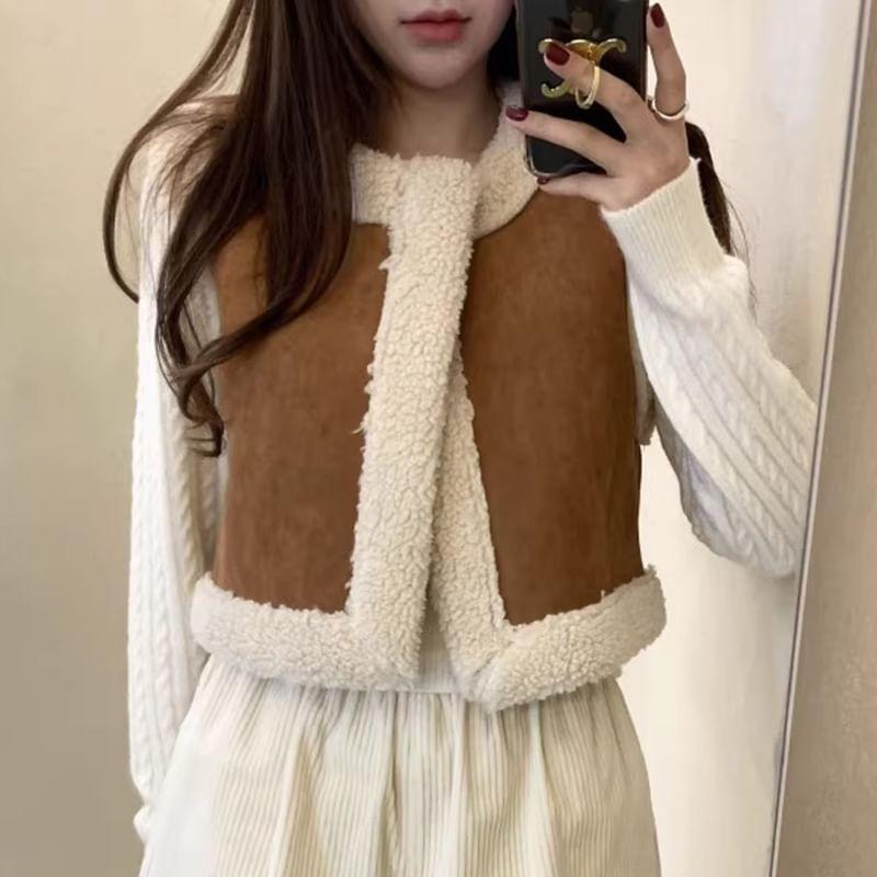 Round Neck Faux Shearling Open Front Vest Product Image