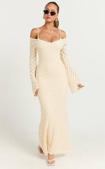 Halsey Maxi Dress - Crochet Scoop Neck Flare Sleeve Dress in Off White Product Image