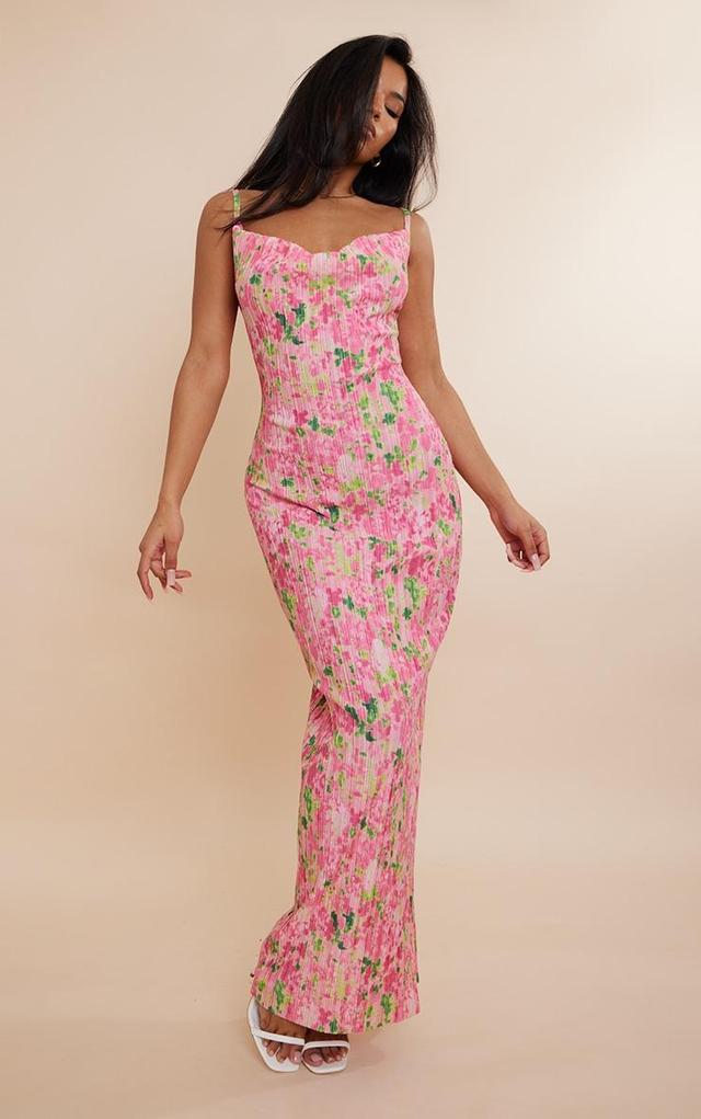 Pink Abstract Floral Printed Plisse Strappy Maxi Dress Product Image