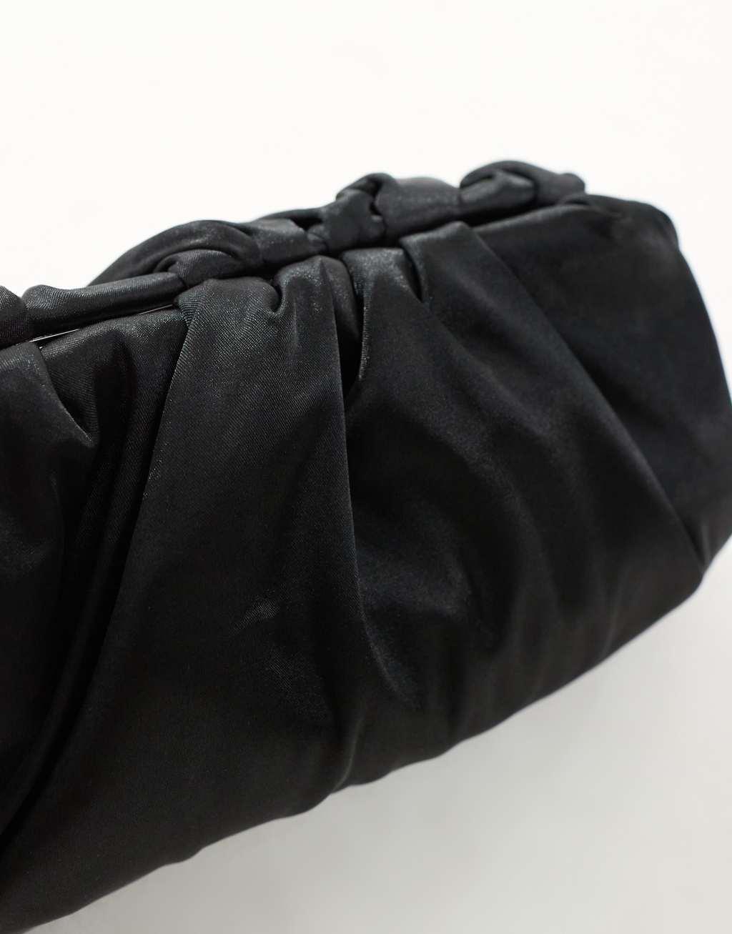 True Decadence minimalist clutch bag in ruched black satin Product Image