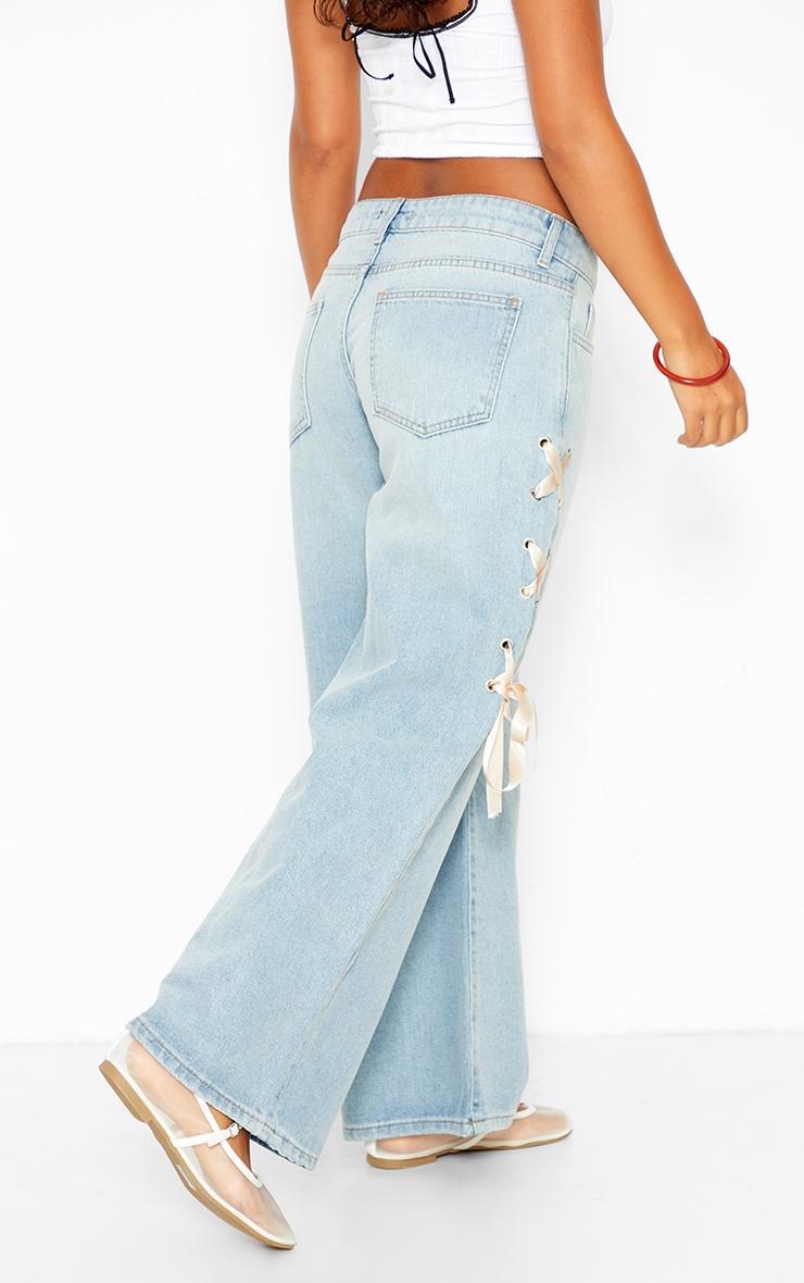 Petite Light Blue Wash Ribbon Lace Up Detail Wide Leg Jeans Product Image