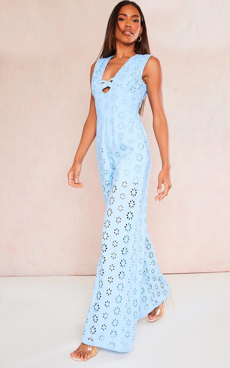 Blue Broderie Anglaise Tie Bust Sleeveless Jumpsuit Product Image