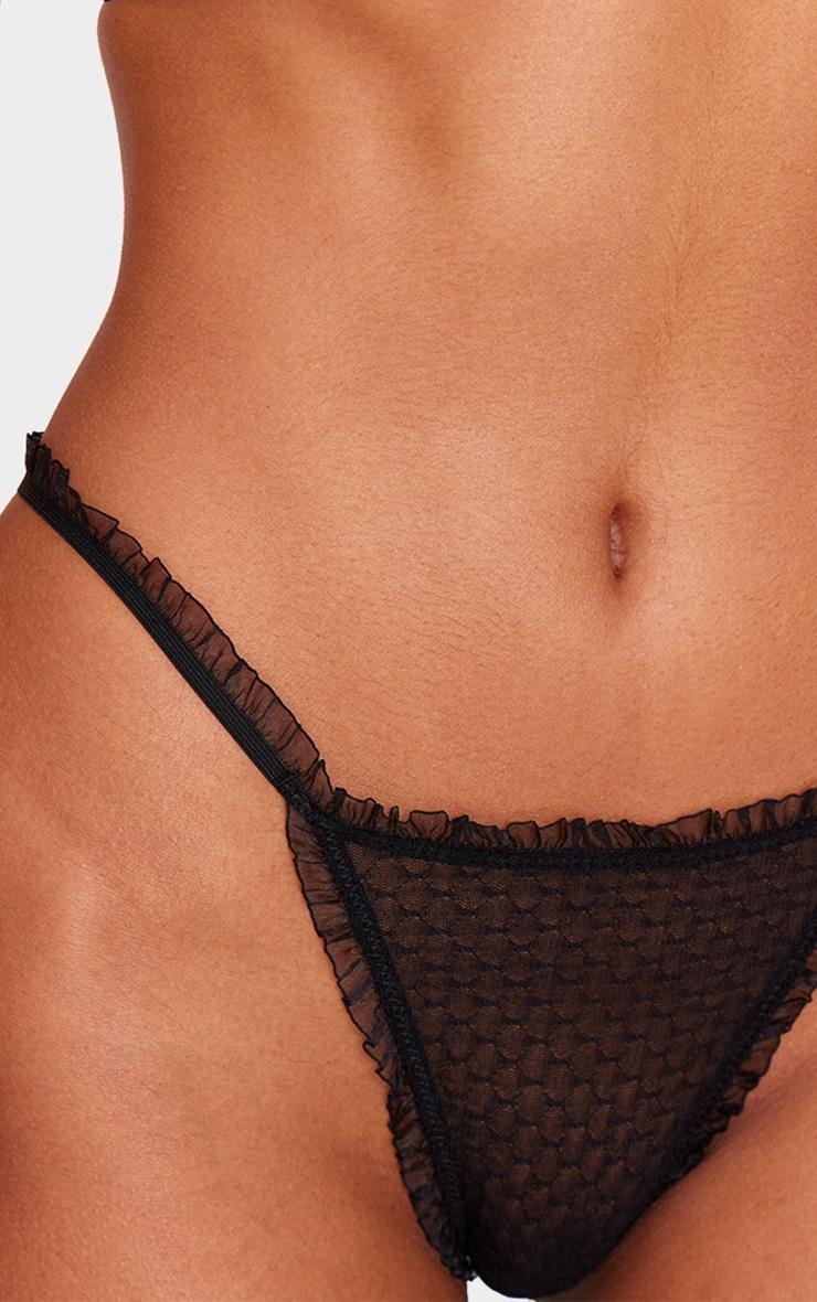 Black Textured Mesh Frill Edge Thong Product Image