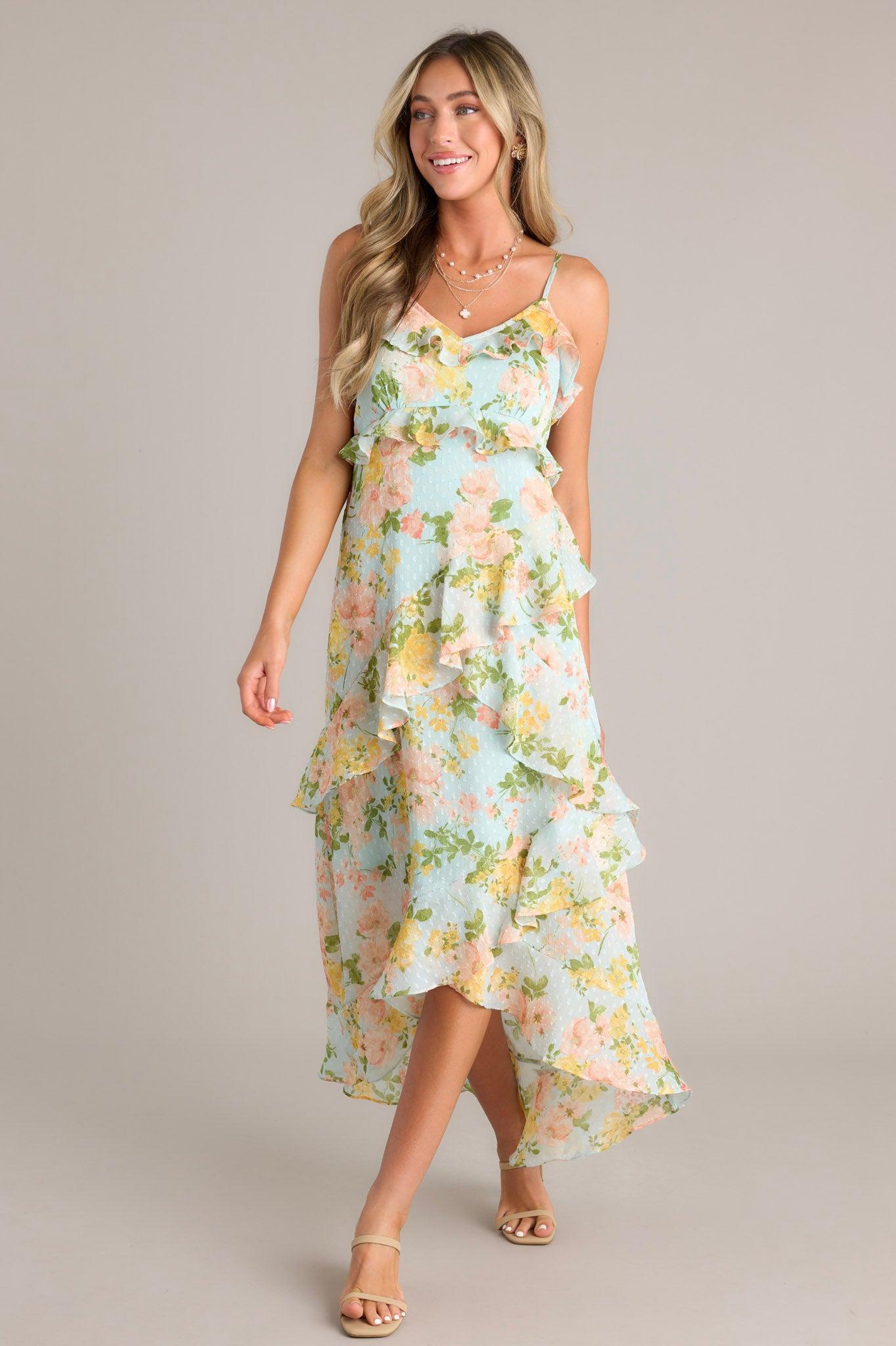 Blossom In Time Blue Multi Floral Ruffle Tiered Midi Dress Product Image