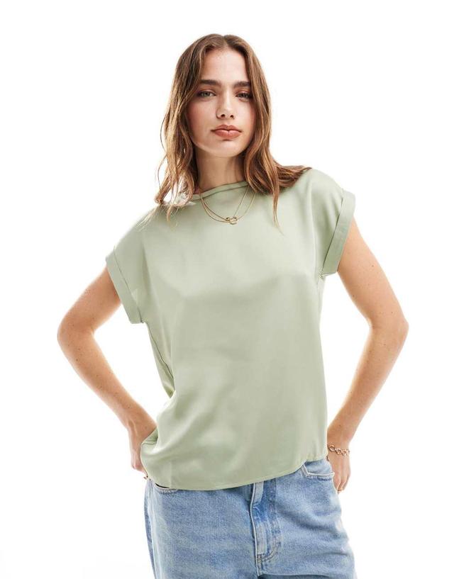 Vila satin front t-shirt with cuffed sleeve in sage green Product Image