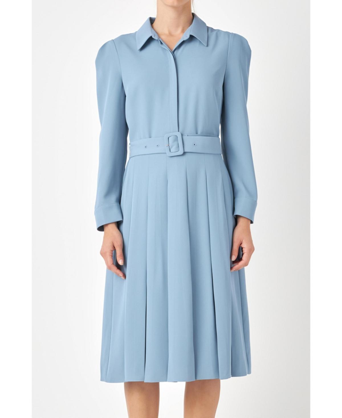 Womens Pleated Collared Long Sleeve Midi Dress Product Image