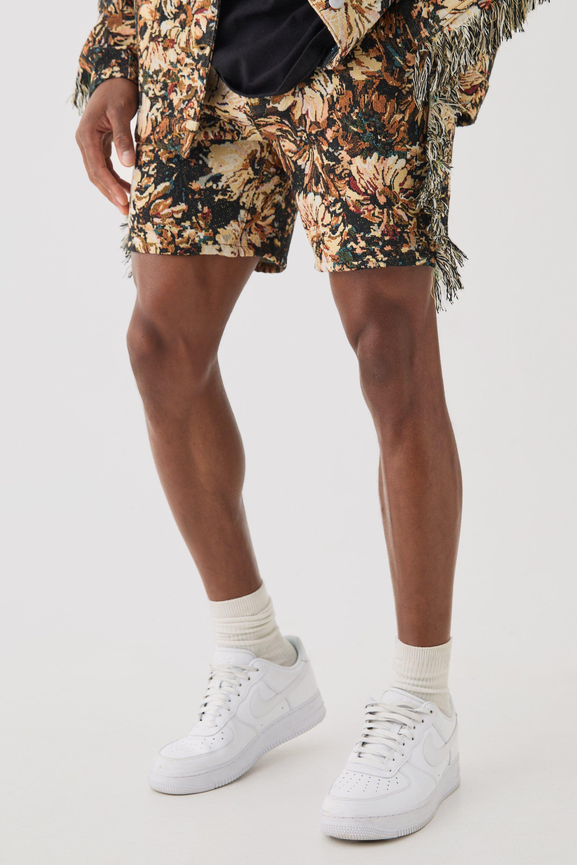 Tapestry Frayed Relaxed Fit Shorts | boohooMAN USA Product Image