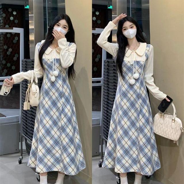 Mock Two-Piece Puff-Sleeve Plaid Bobble Midi A-Line Dress Product Image