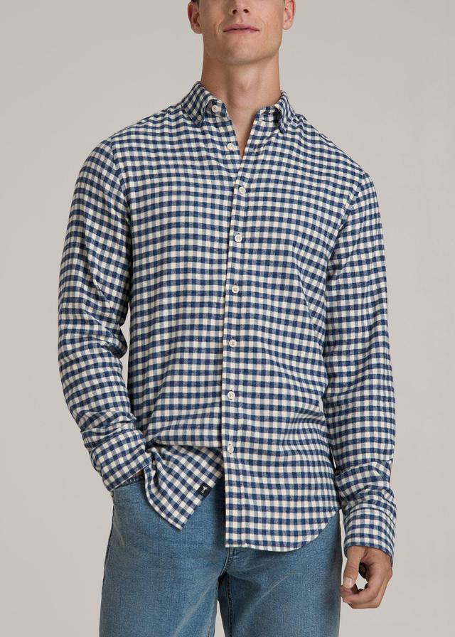 Midweight Brushed Flannel Button Shirt for Tall Men in Blue and Ecru Gingham Male Product Image