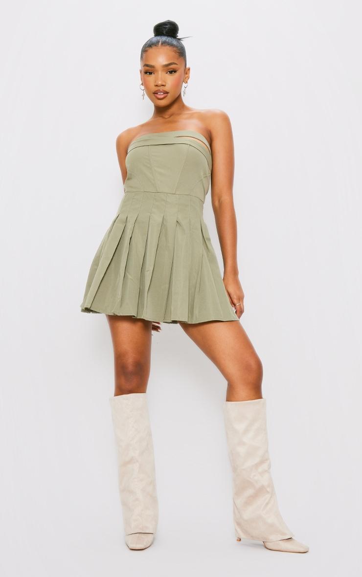 Khaki Tailored Bandeau Pleated Shift Dress Product Image