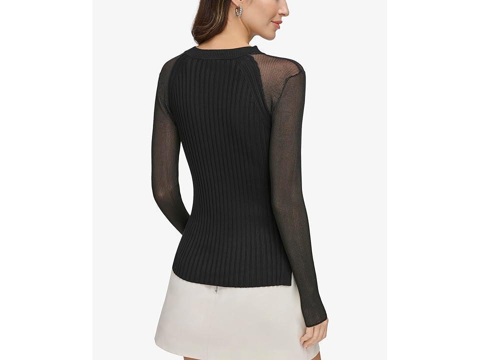 DKNY Long Sleeve Sheer Yarn Combo Sweater Black) Women's Clothing Product Image