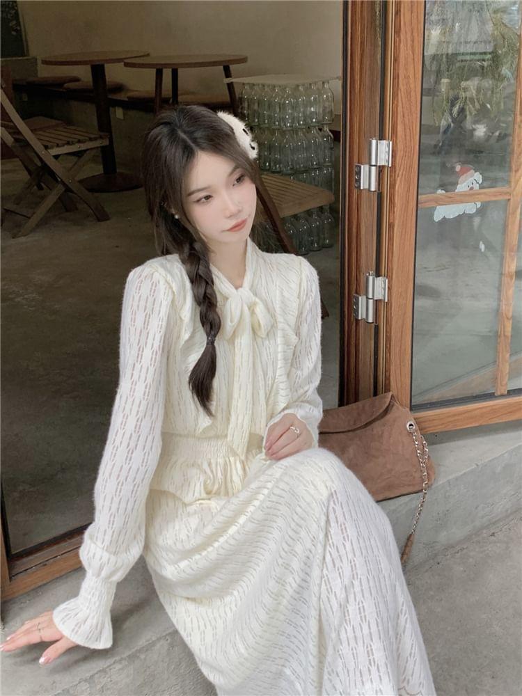 Long-Sleeve Tie-Neck Plain Lace Midi A-Line Dress Product Image