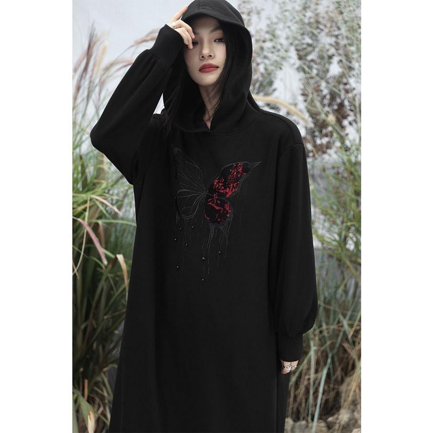 Long-Sleeve Butterfly Embroidered Maxi Hoodie Dress Product Image