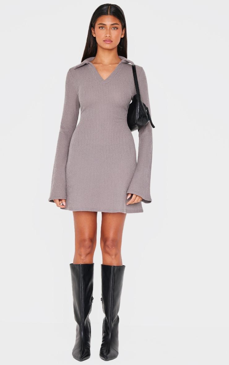 Charcoal Waffle Textured Long Sleeve Shift Dress Product Image