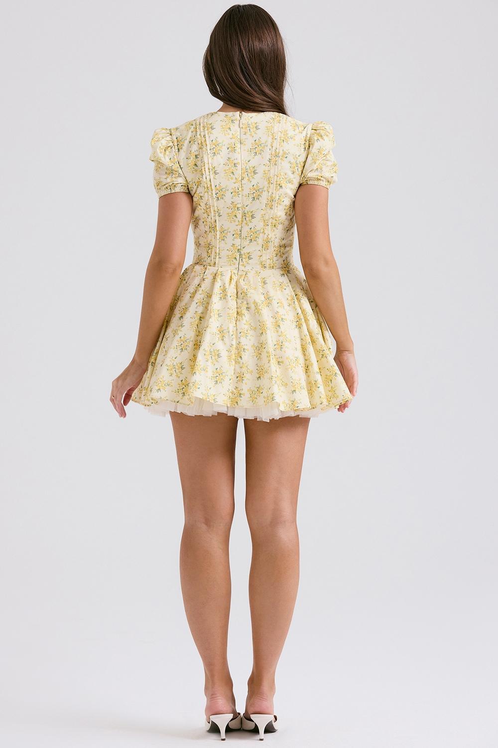 Imani Buttercup Vintage Floral Print Pleated Cotton Mini Dress Product Image