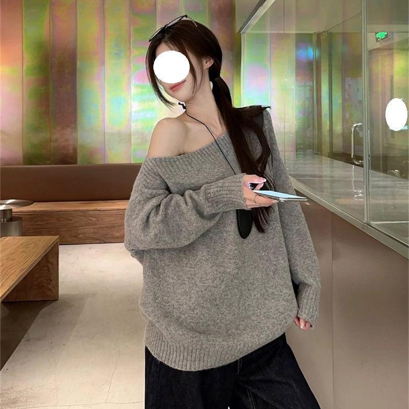 Off-Shoulder Plain Sweater Product Image