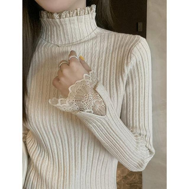 Turtleneck Plain Lace Trim Ribbed Sweater Product Image