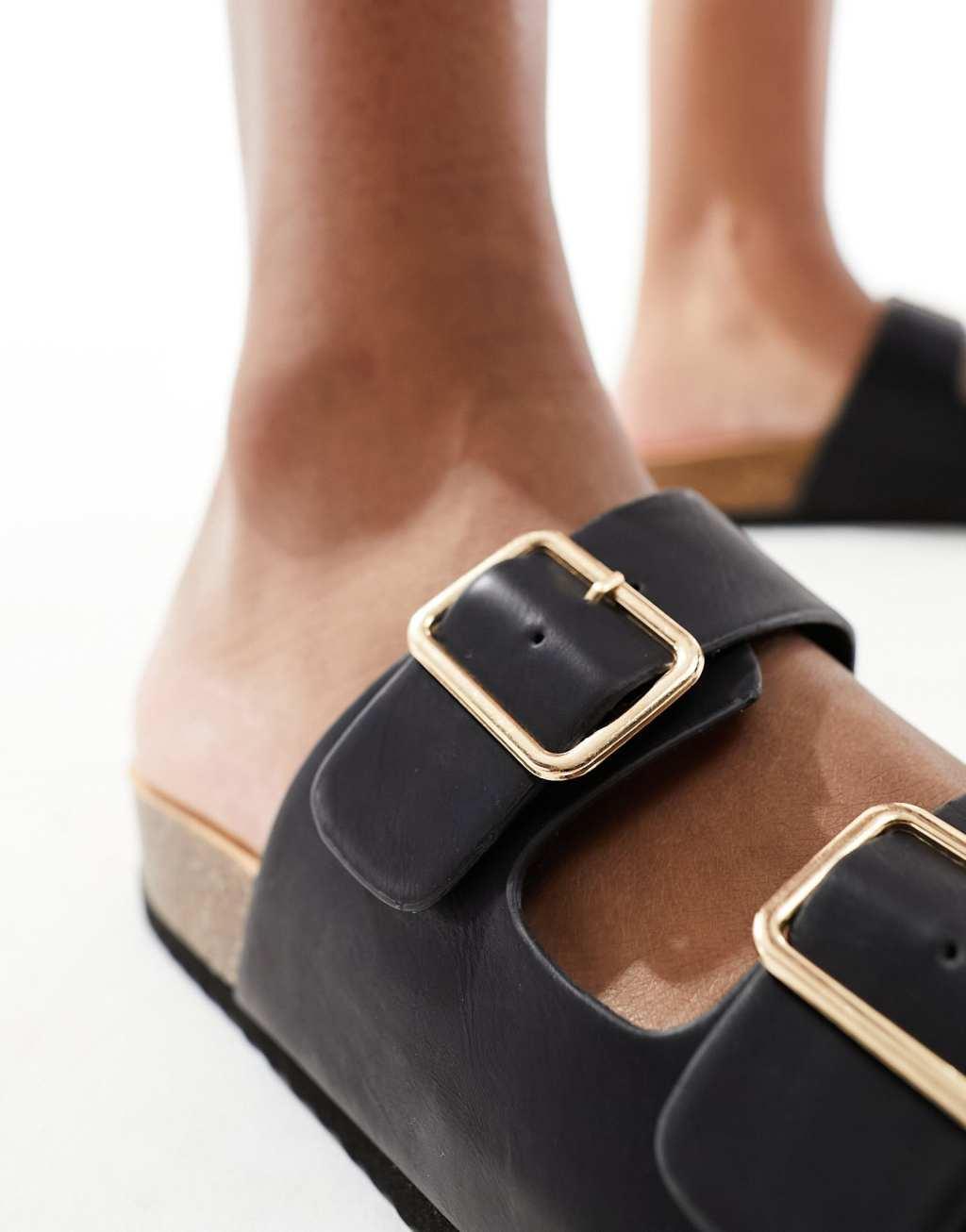 Glamorous double strap footbed sandals in black Product Image