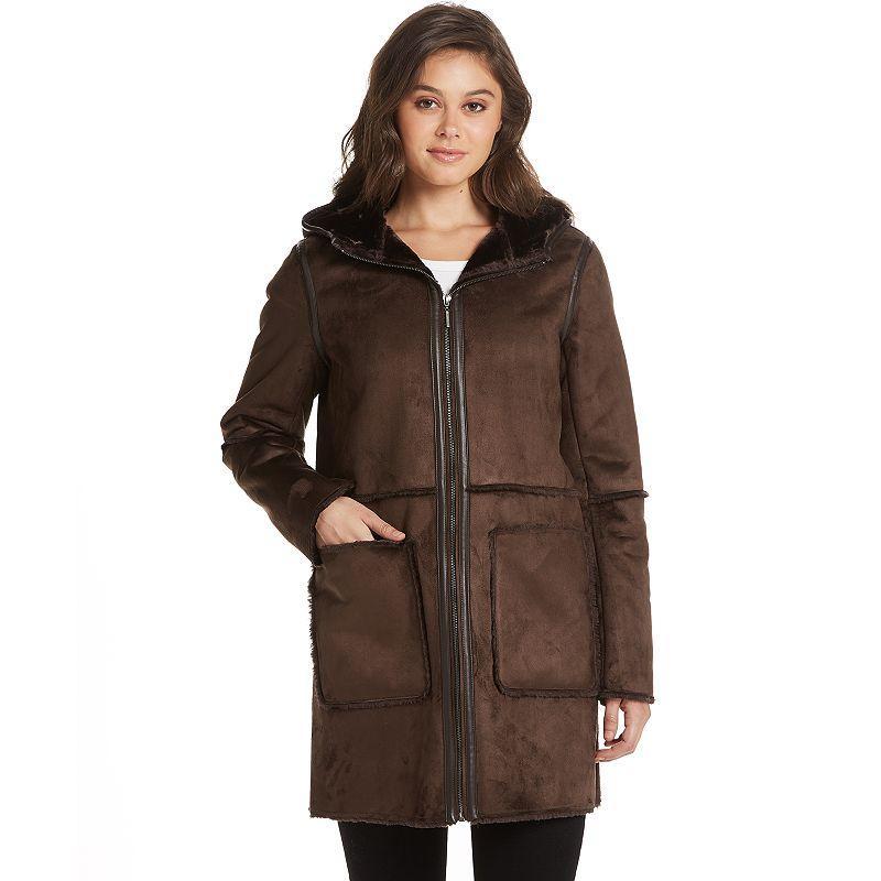 Womens Weathercast Hooded Heavyweight Faux Shearling Walker Jacket Brown Product Image