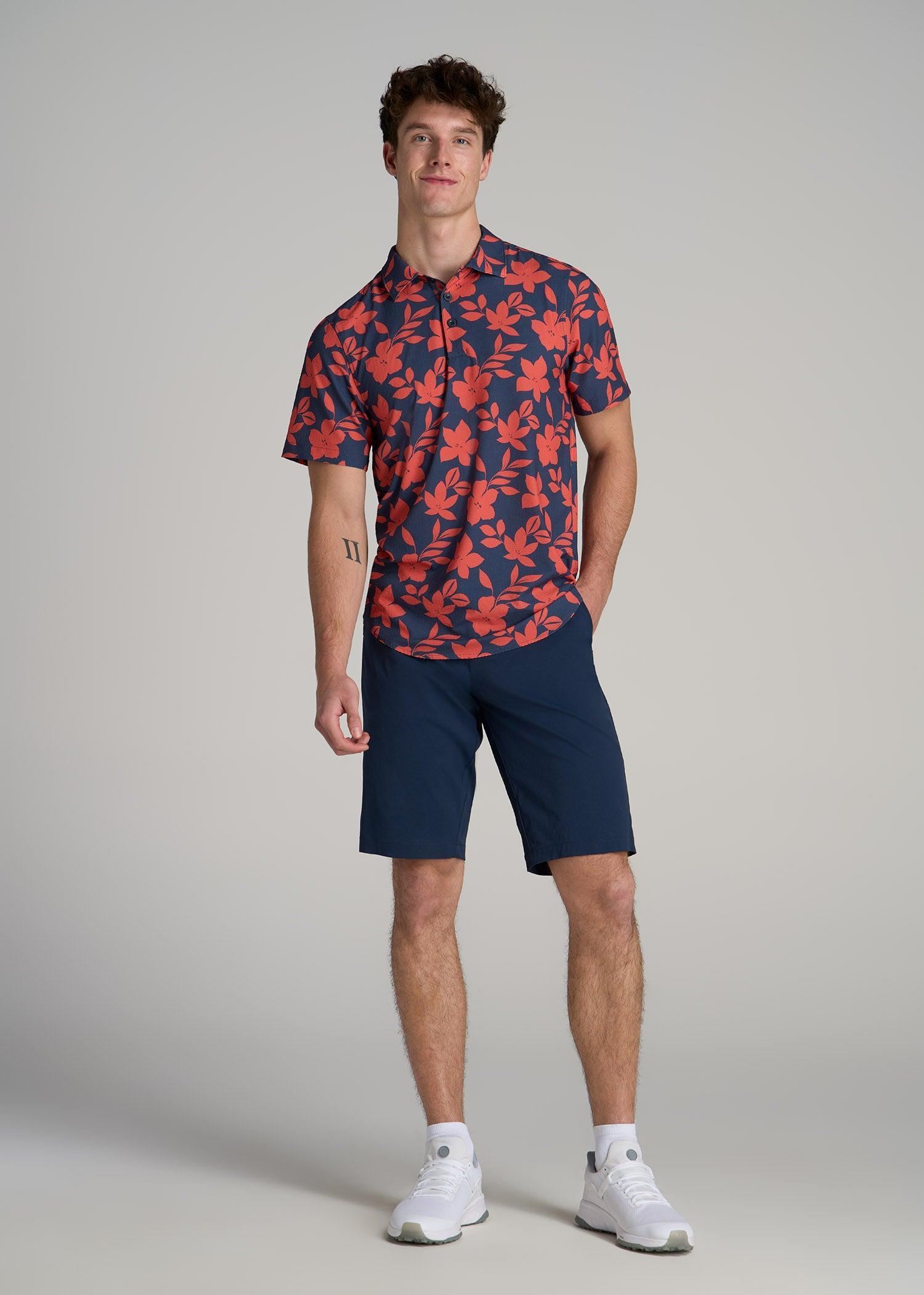 Coastal Perforated Tall Men's Polo Shirt in Storm and Orange Hibiscus Product Image