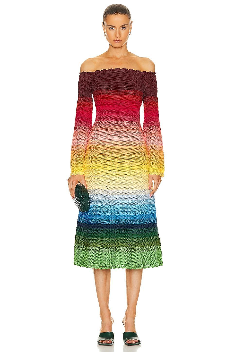 Oscar de la Renta Off Shoulder Rainbow Ombre Crochet Knit Dress in Red,Yellow Product Image