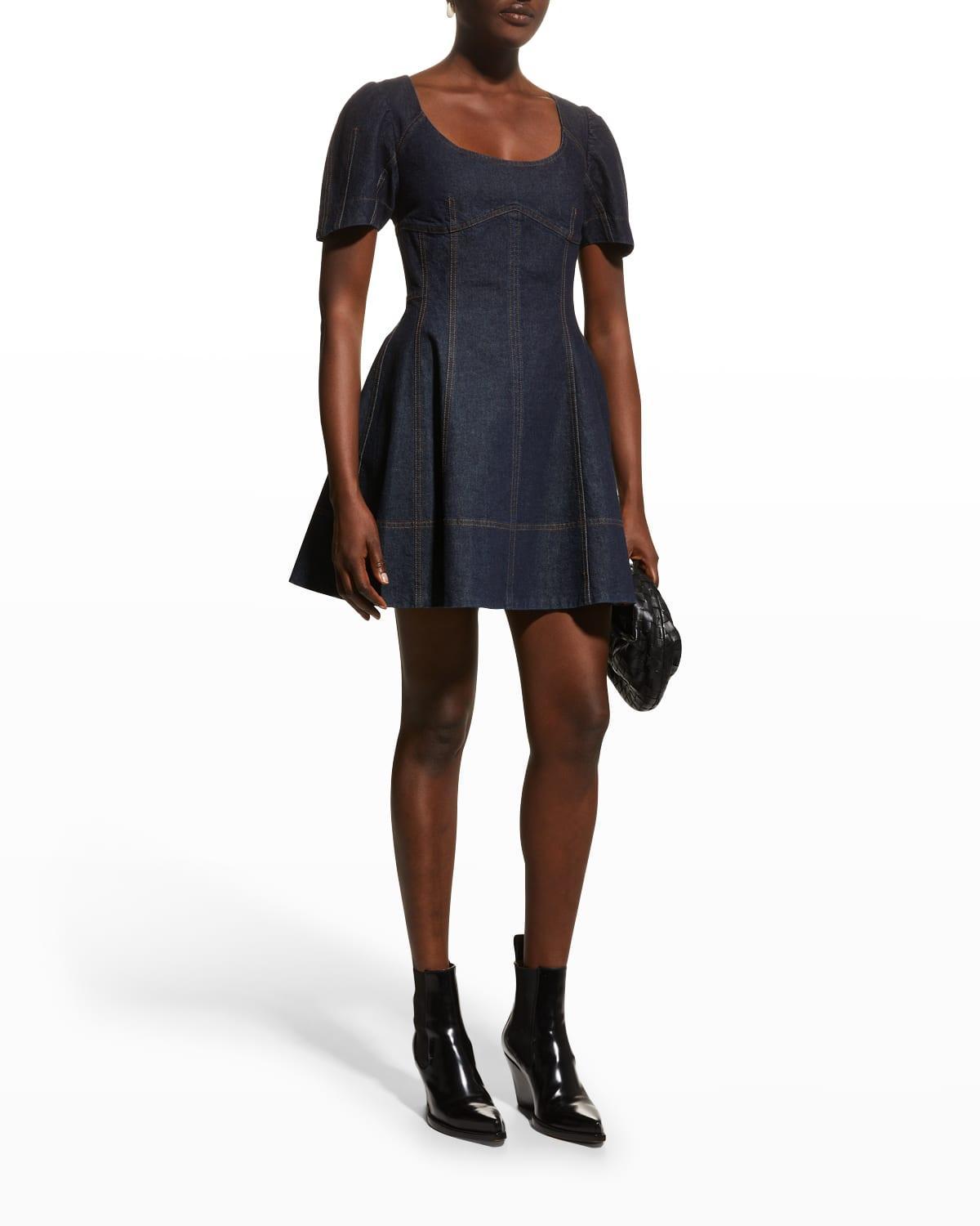 Mia Fit-&-Flare Mini Topstitched Denim Dress Product Image