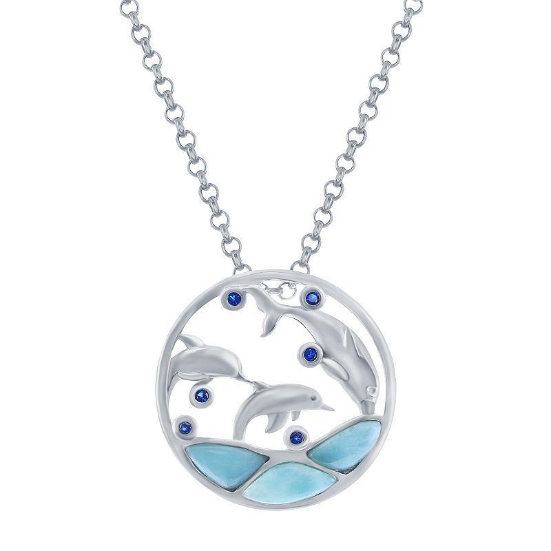 Simona Sterling Silver Larimar & Cz Divign Dolphins Round Pendant, 18 Product Image