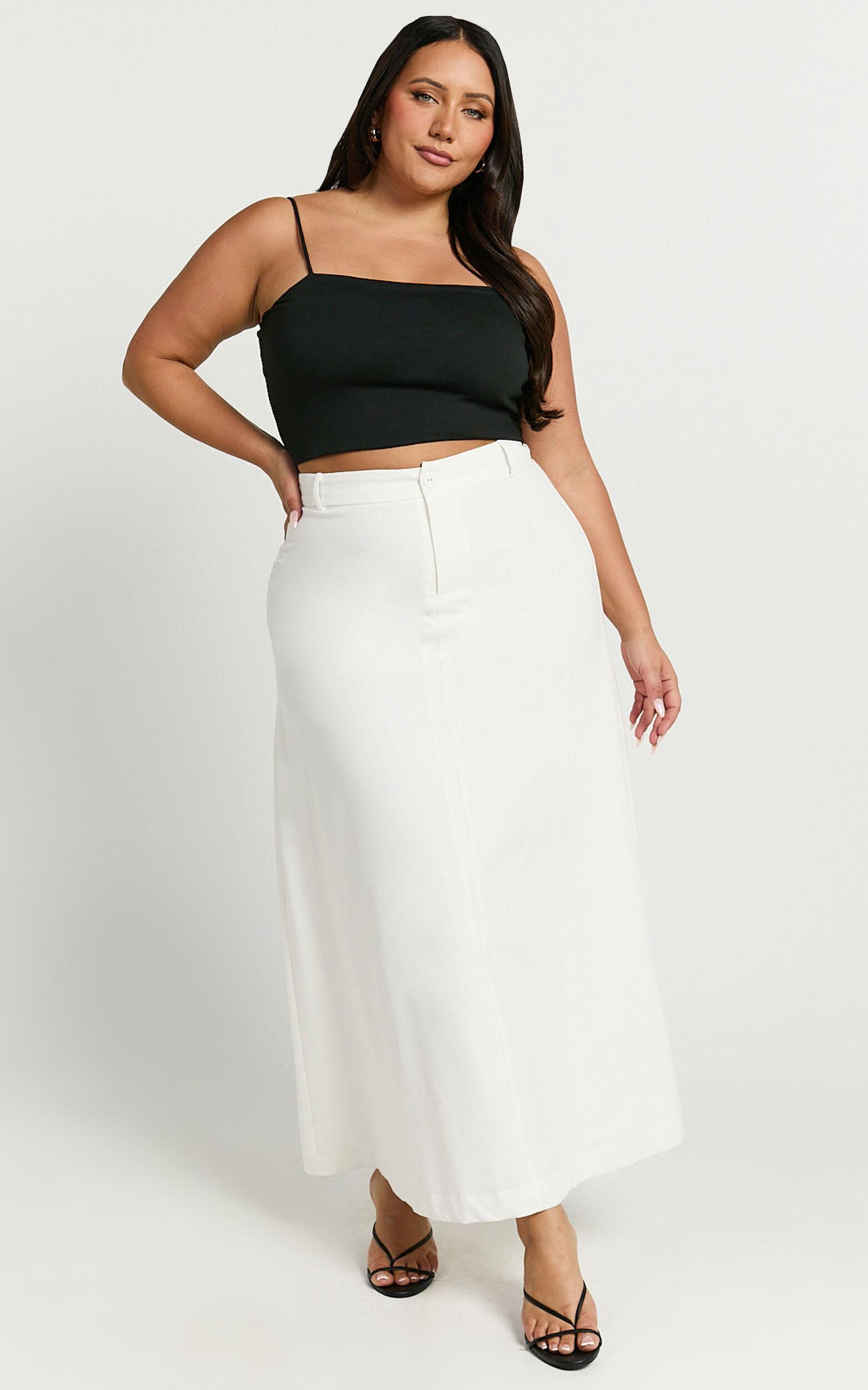 Benjie Maxi Skirt - Tailored Linen Look High Waisted A Line in White Product Image