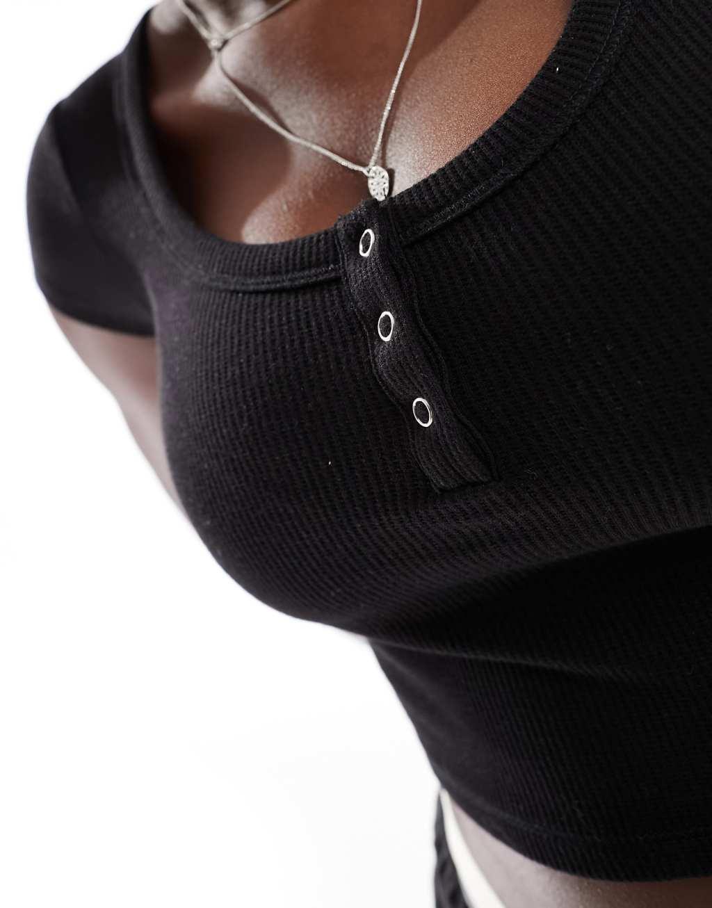 Cotton On short sleeve waffle henley crop top in black  Product Image