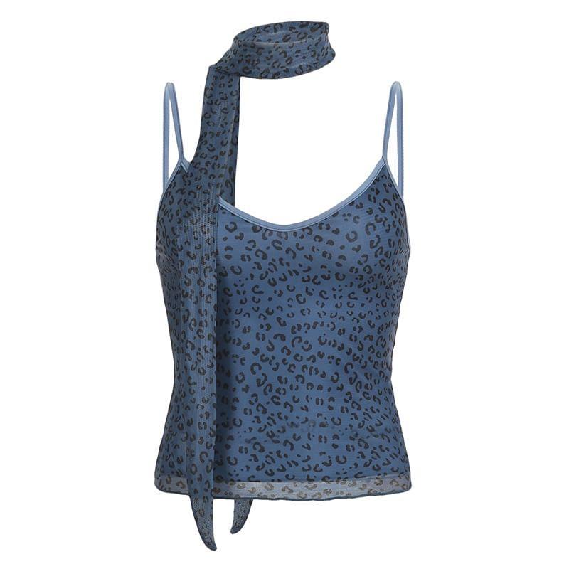 V-Neck Leopard Print Slim-Fit Cami Top with Scarf Product Image