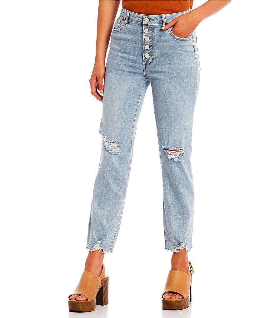 Hippie Laundry Exposed Button High Rise Distressed Slim Straight Leg Jeans product image