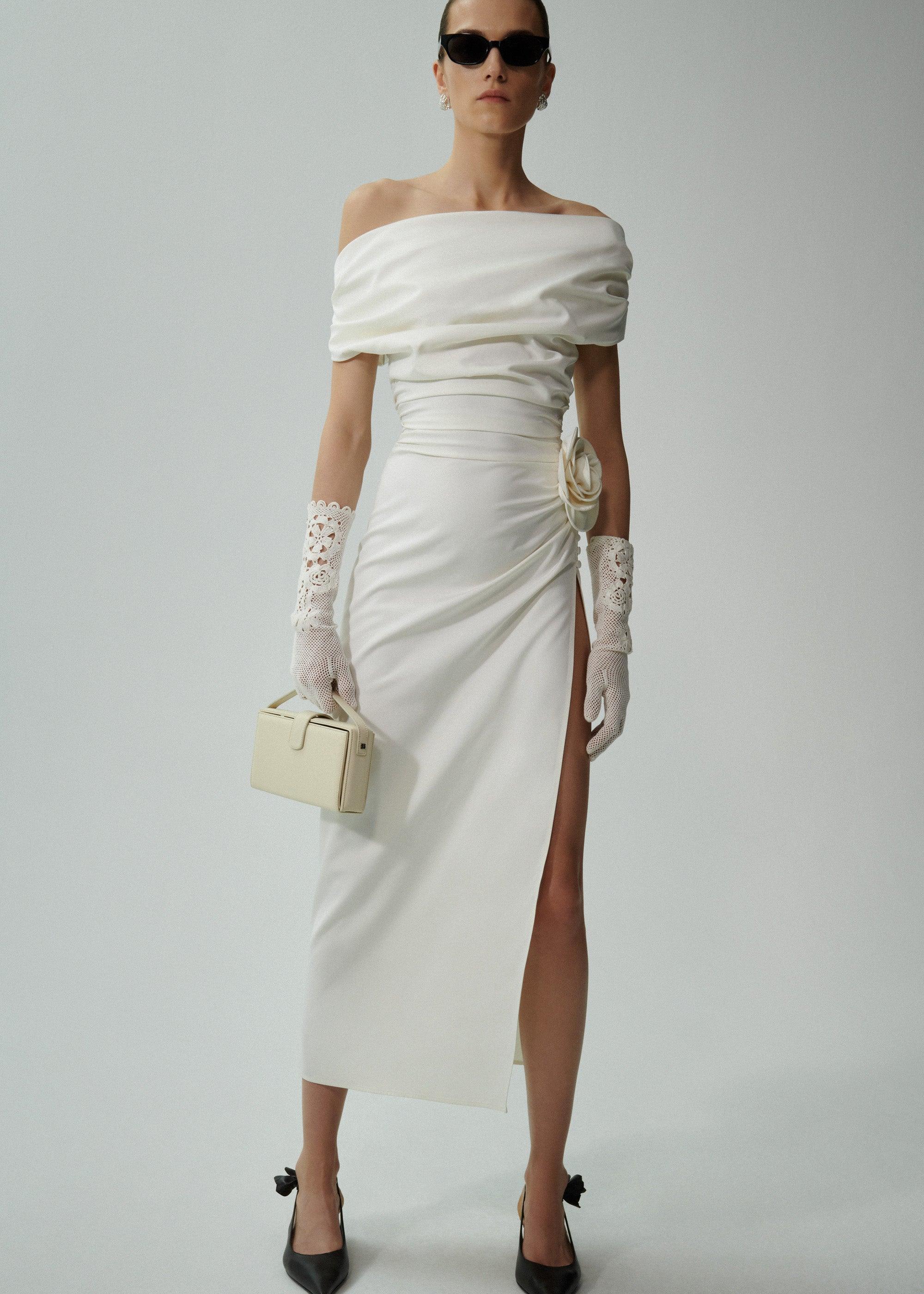 Wrap shoulder silk midi dress in cream Product Image