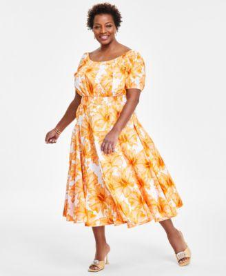 Plus Size Floral-Print Smocked Midi Dress, Created for Macy's Product Image