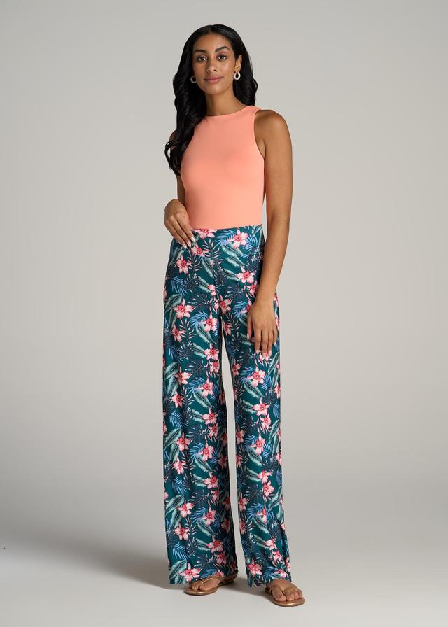 Pull On Breezy Wide Leg Pants for Tall Women in Green Tropical Floral Print Female Product Image