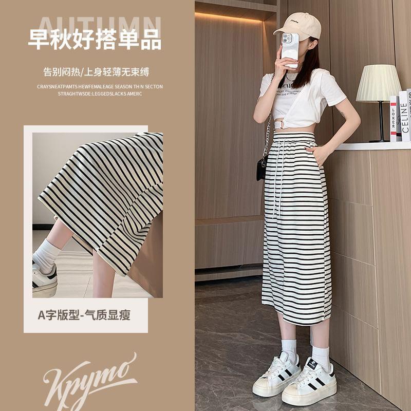 Drawstring Waist Striped Midi Straight Skirt Product Image