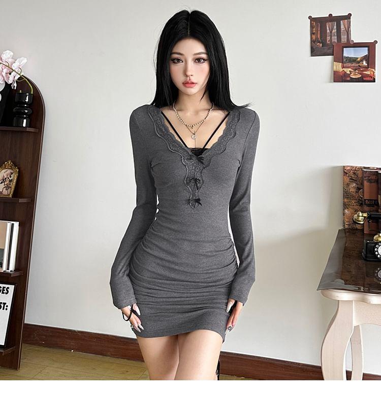 Long-Sleeve V-Neck Plain Bow Lace Trim Mini Sheath Dress Product Image